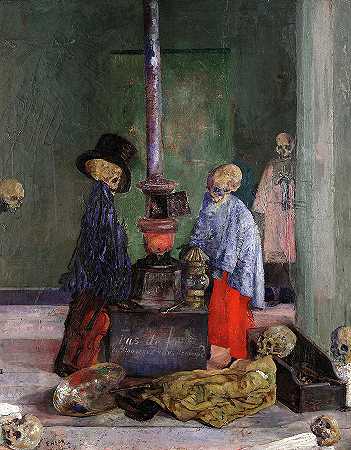 骷髅在温暖自己，1889年`Skeletons Warming Themselves, 1889 by James Ensor