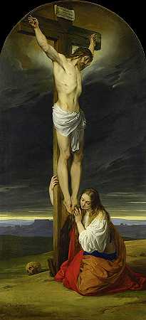 1827年，抹大拉的马利亚跪在十字架上哭泣`Crucifixion with Mary Magdalene Kneeling and Weeping, 1827 by Francesco Hayez