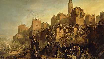 雅克·德莫莱占领耶路撒冷，十字军东征`The capture of Jerusalem by Jacques de Molay, Crusade by Claudius Jacquand