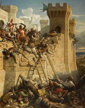 1291年阿克里围城时，医院管理员马雷查尔·马蒂厄·德·克莱蒙特（Marechal Matthieu de Clermont）守卫城墙`The Hospitalier Marechal Matthieu de Clermont, defending the walls at the Siege of Acre, 1291 by Dominique Papety