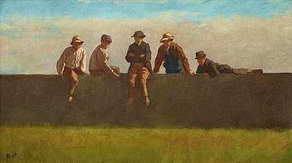 墙上的五个男孩，1880年`Five Boys on a Wall, 1880 by Eastman Johnson
