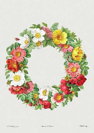 莱斯玫瑰，装饰玫瑰花环，1817年`Les Roses, Decorative wreath of roses, 1817 by Pierre-Joseph Redoute