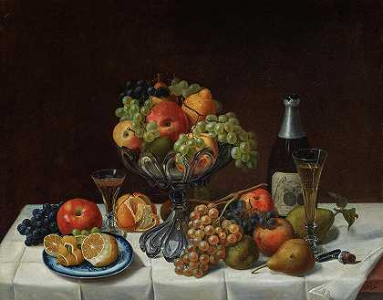 1848年香槟瓶水果静物画`Fruit Still Life with Champagne Bottle, 1848 by Severin Roesen