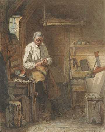 木匠坐在车间的刨床上`Timmerman zittend op een schaafbank in zijn werkplaats (1861) by Jacob Taanman