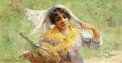 拿着基安蒂酒瓶的农妇`Peasant Woman with Chianti Bottle (circa 1890) by J. Charles Arter