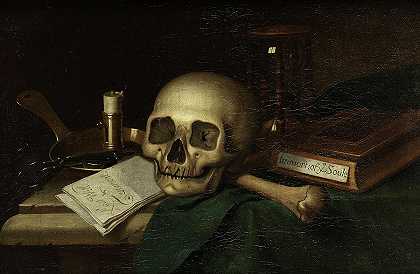 瓦尼塔斯带着头骨和蜡烛的静物画`Vanitas Still Life with Skull and Candle by English school