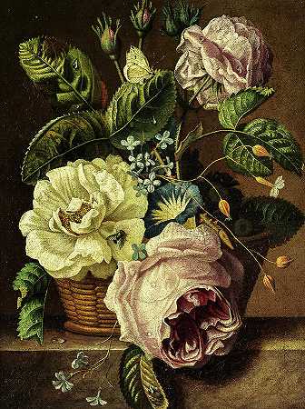 用玫瑰绽放静物`Flower Still Life with Roses by Jan van Huysum