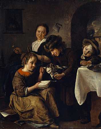 教猫读书的孩子们`Children Teaching a Cat to Read (1665~68) by Jan Steen