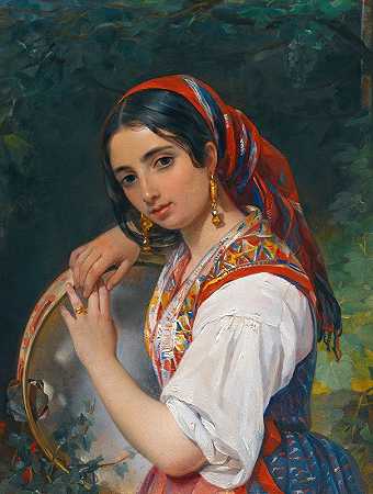拿着手鼓的牧羊女`A Shepherd Girl With A Tambourine by Pimen Nikitich Orloff
