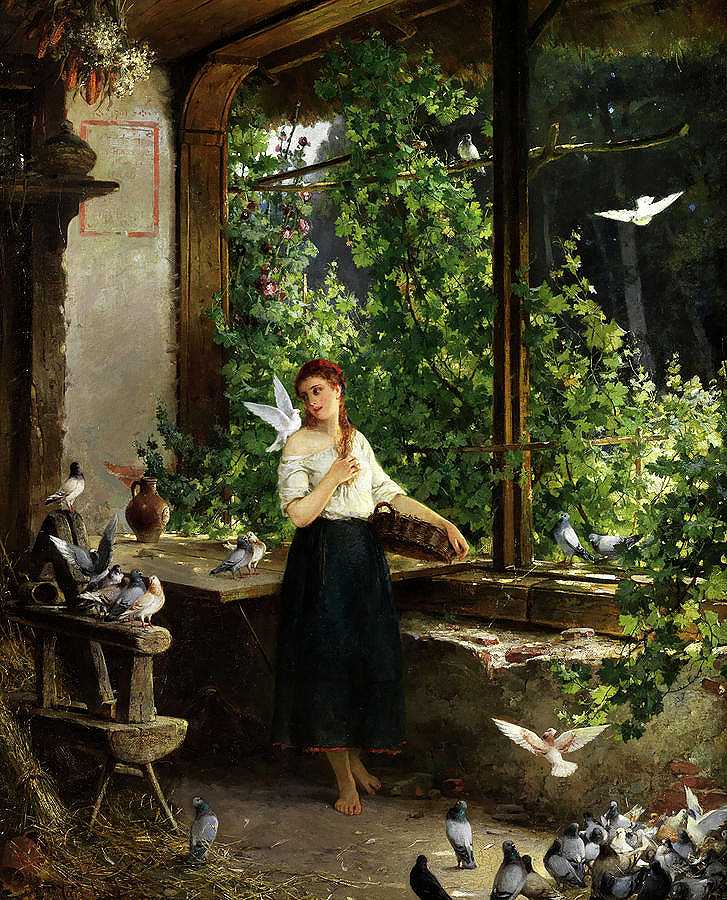 带鸽子的年轻女子`Young woman with Doves by Carl Hoff