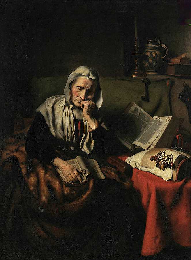 17世纪打瞌睡的老妇人`Old Woman Dozing, 17th century by Nicolaes Maes