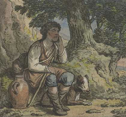 树下的男孩带着狗和水壶`Jongen onder een boom met een hond en een kruik (1756 ~ 1813) by Anthony Andriessen
