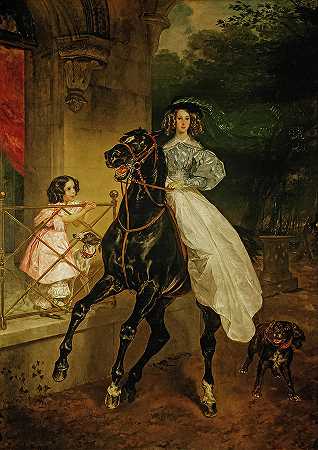骑手乔瓦尼娜和亚马西莉亚，1832年`A Rider, Giovannina and Amazilia, 1832 by Karl Bryullov