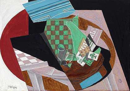棋盘和扑克牌，大约1915年`Checkerboard and playing cards, circa 1915 by Juan Gris