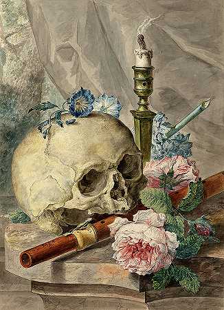 骷髅、烛台、长笛、花朵的静物画`Still Life With Skull, Candlestick, Flute, Flowers by Abraham van Stry