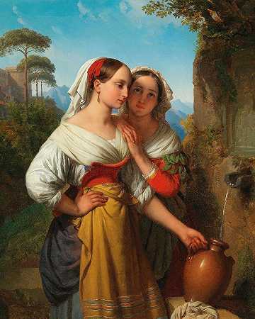 喷泉旁的意大利年轻女子`Young Italian Women At The Fountain by Johann Nepomuk Ender