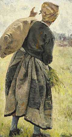 带土豆袋的女人，埃库恩，法国`Kvinde med kartoffelsæk, Écouen, Frankrig (1889) by Bertha Wegmann