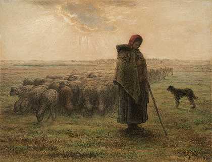 牧羊女和她的羊群`Shepherdess and Her Flock (about 1864–1865) by Jean-François Millet