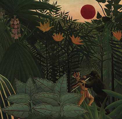 与大猩猩搏斗的美洲印第安人，热带景观，1910年`American Indian Struggling with a Gorilla, Tropical Landscape, 1910 by Henri Rousseau