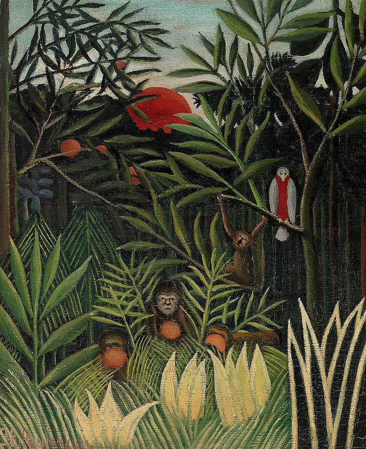 原始森林中的猴子和鹦鹉，1906年`Monkeys and Parrot in the Virgin Forest, 1906 by Henri Rousseau