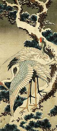 白雪皑皑的松树上的鹤，1834年`Cranes on Snowladen Pine, 1834 by Katsushika Hokusai