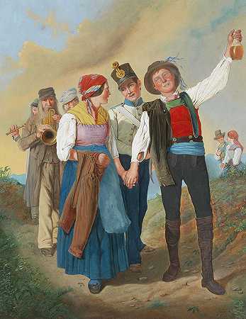 农民、铜管音乐和士兵的节日游行`A festive procession with peasants, brass music and soldiers by Eduard Ritter
