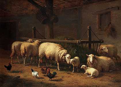 畜棚里的羊和鸡`Sheep and chickens in a barn by Eugene Verboeckhoven