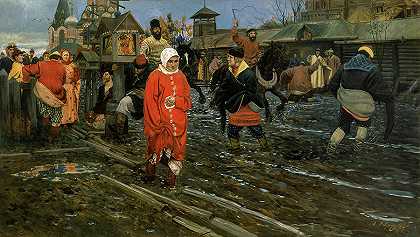 1912年，公共假日的17世纪莫斯科街`Seventeenth-Century Moscow Street on a Public Holiday, 1912 by Andrei Ryabushkin