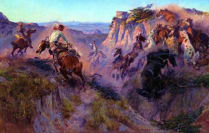野马猎人，1913年`Wild Horse Hunters, 1913 by Charles Marion Russell