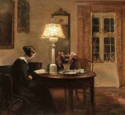 一个女人在看书`Interior with a woman reading by Carl Vilhelm Holsoe