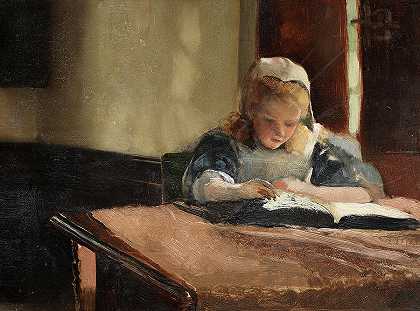 孩子在读书`A child reading by Laura Theresa Alma-Tadema