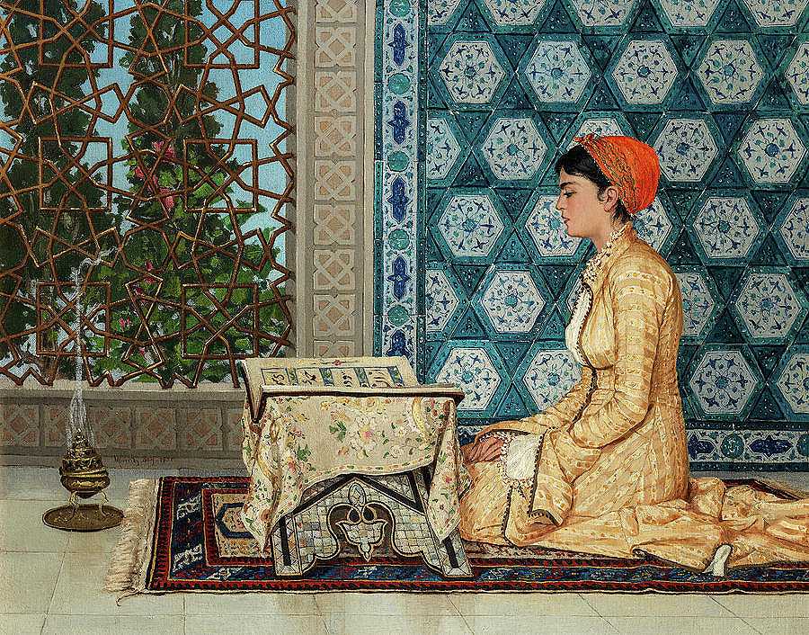读《古兰经》的年轻女孩`Young Girl Reading the Quran by Osman Hamdi Bey