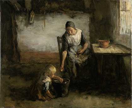 削土豆的女人`Woman Peeling Potatoes (1880 ~ 1922) by Jacob Simon Hendrik Kever