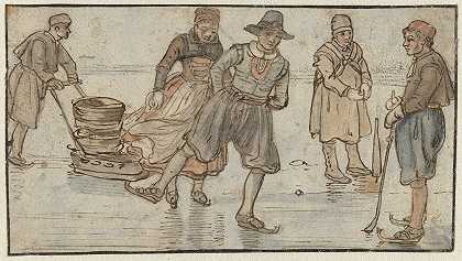 冰面上的滑冰者，一个推着雪橇的男人和一个Kolf运动员`Skaters on the Ice, a Man Pushing a Sledge and a Kolf~player (c. 1620 ~ c. 1625) by Hendrick Avercamp