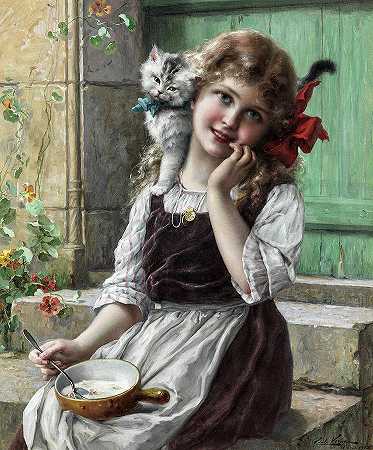 带着小猫的小女孩`Young Girl with Kitten by Emile Vernon