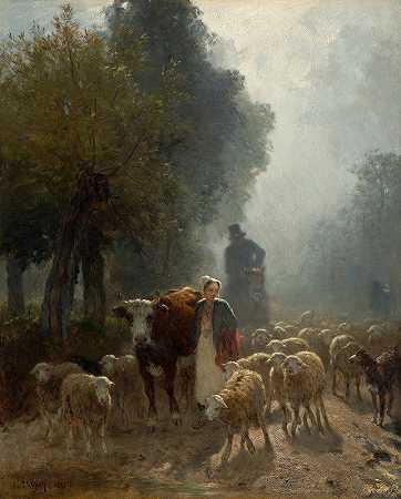 在雾蒙蒙的早晨去市场`Going To Market On A Misty Morning (1851) by Constant Troyon