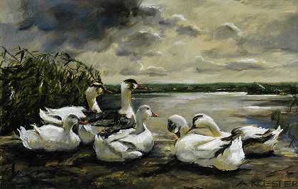 湖面上的鸭子，雷雨`Ducks on a Lake, Thunderstorm by Alexander Koester