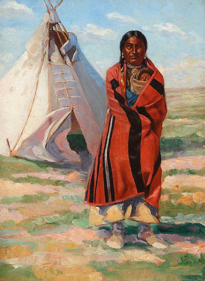 苏族妇女和婴儿，1890年`Sioux Woman and Baby, 1890 by Frank Tenney Johnson