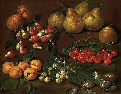 梨、杏和樱桃的水果静物画`Fruits Still life with Pears, Apricot and Cherries by Bartolomeo Bimbi