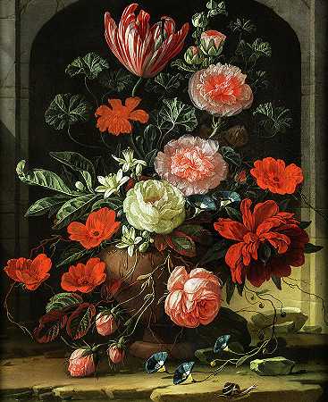 玫瑰、郁金香和海葵的静物画`Still Life of Roses, Tulips and Anemones by Elias van den Broeck