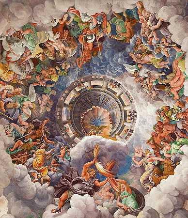 巨人之屋，天花板，奥林匹斯山`Chamber of the Giants, Ceiling, Mount Olympus by Giulio Romano
