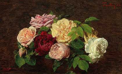 桌上的玫瑰，1882年`Roses de Nice on a Table, 1882 by Henri Fantin-Latour