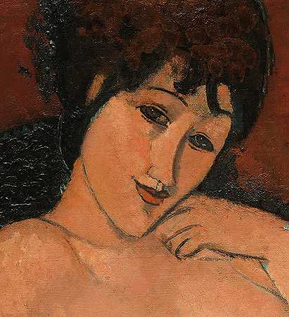 在蓝色垫子上裸体，脸，1917年`Nude on a Blue Cushion, Face, 1917 by Amedeo Modigliani