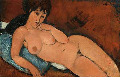 在蓝色垫子上裸体，1917年`Nude on a Blue Cushion, 1917 by Amedeo Modigliani