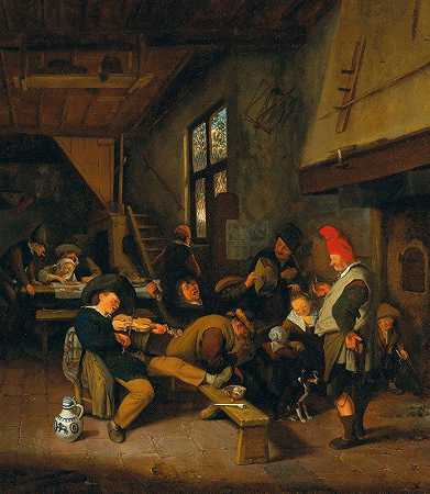 酒馆屋内有喝酒的农民`A Tavern Interior With Drinking Peasants by Cornelis Dusart