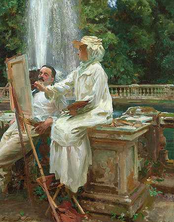1907年意大利弗拉斯卡蒂托洛尼亚别墅喷泉`The Fountain, Villa Torlonia, Frascati, Italy, 1907 by John Singer Sargent