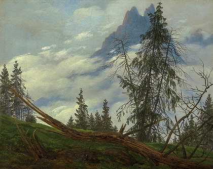 1835年云层飘移的山峰`Mountain Peak with Drifting Clouds, 1835 by Caspar David Friedrich