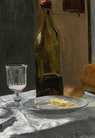 1862年，瓶、瓶、面包和酒的静物画`Still Life with Bottle, Carafe, Bread, and Wine, 1862 by Claude Monet