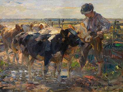 带着小牛的牧羊人`Hirte mit Jungrindern (1900) by Heinrich Von Zügel