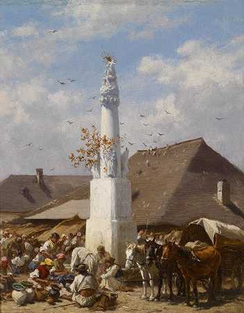 索尔诺克菜市场`Geschirrmarkt in Szolnok by August von Pettenkofen